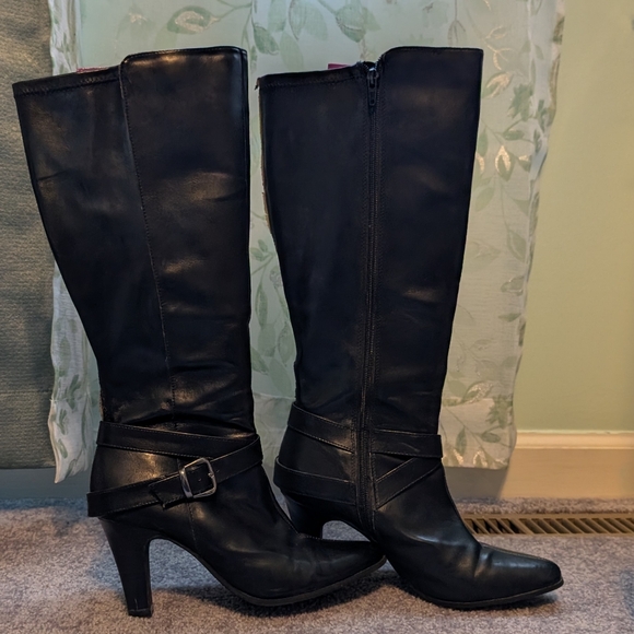 Vintage Laura Scott Tall Betty Black Heeled Zipper Boots - Picture 1 of 13